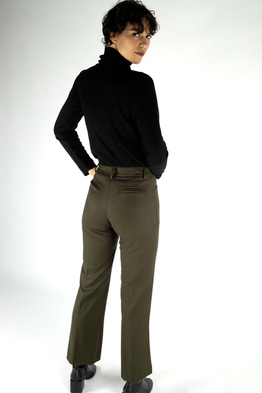 Viscose olive green mid waist trousers 